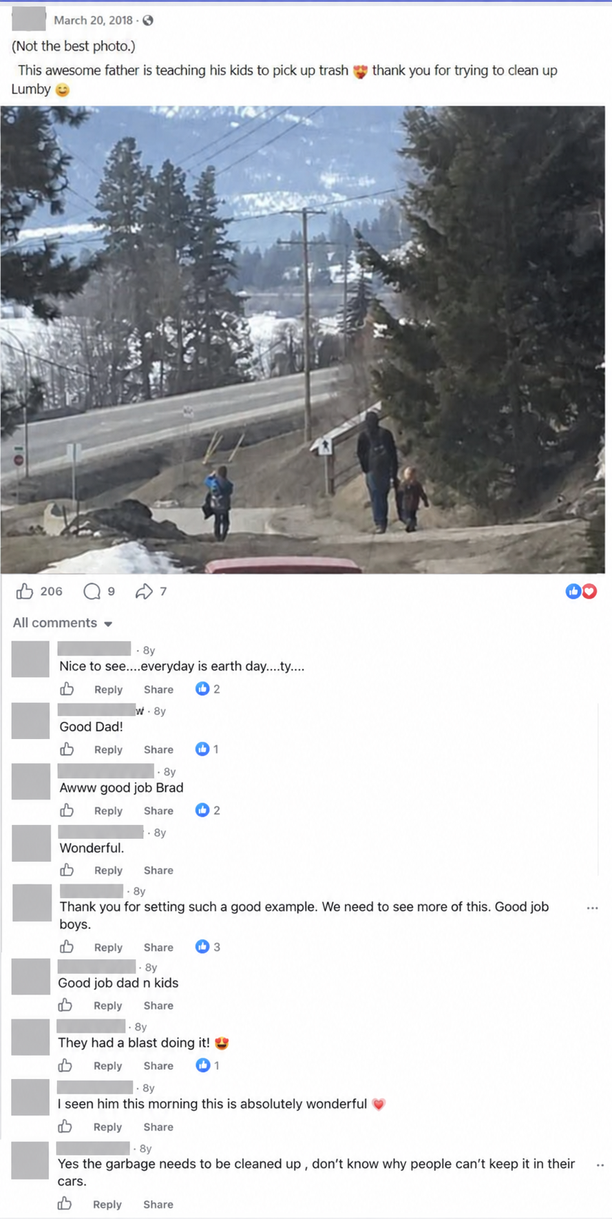 The neighbour's original Facebook post of March 20, 2018, thanking Bradley for teaching his children to help clean up Lumby, with responses from community members.