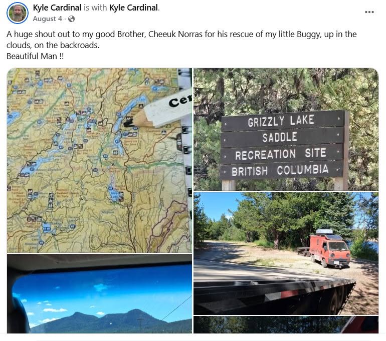 Public Facebook collage documenting the route to Grizzly Lake, the recreation-site sign, remote scenery, a disabled red van and Bradley Weston’s recovery trailer.