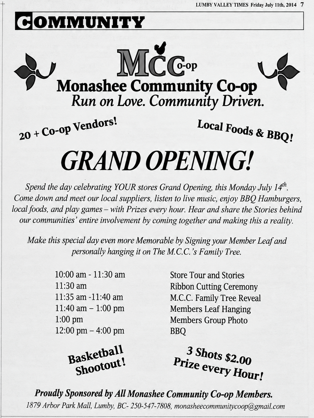 Monashee Community Co-op grand-opening advertisement published in the Lumby Valley Times on July 11, 2014.