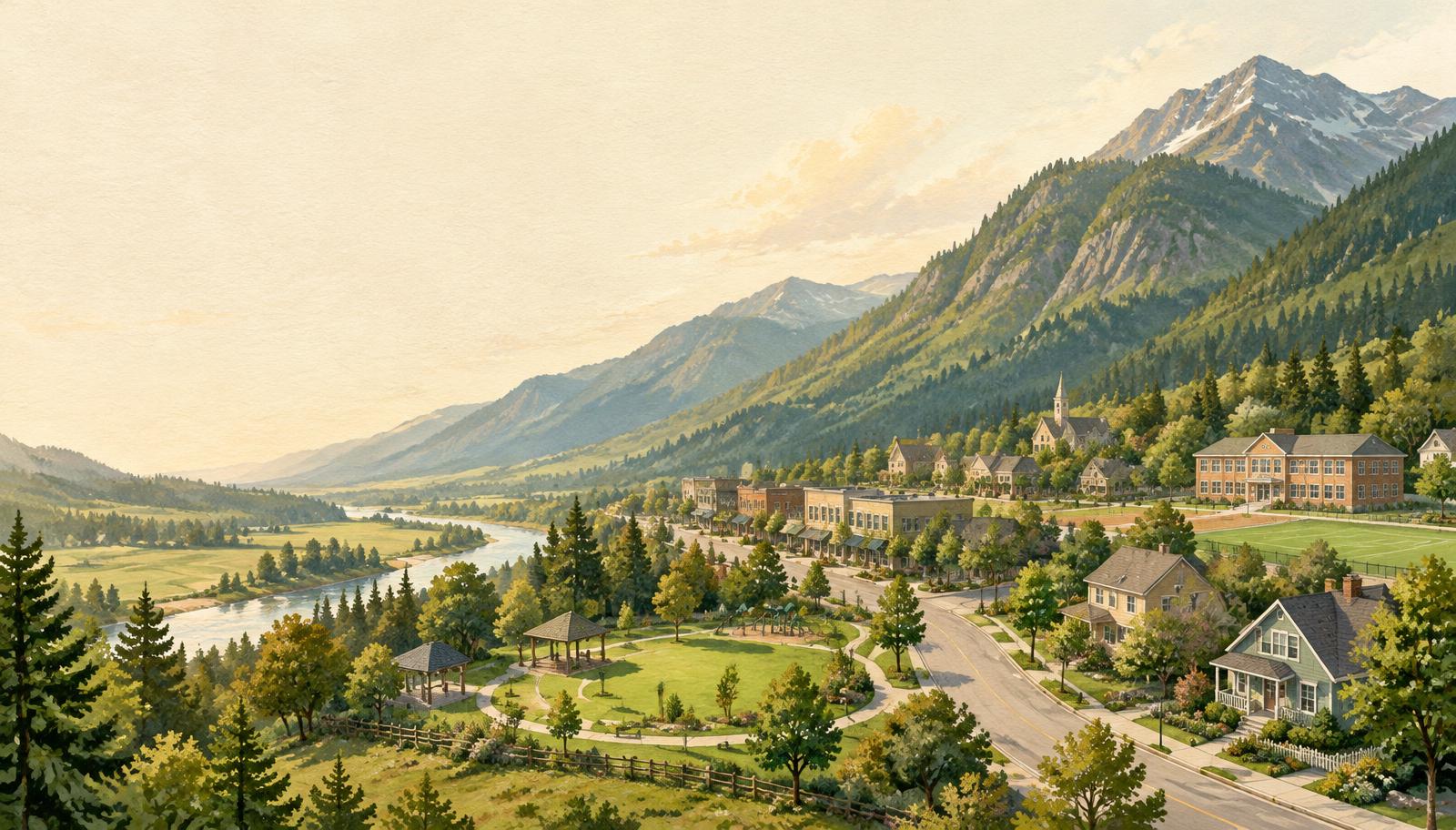 Illustration of an imagined British Columbia valley community