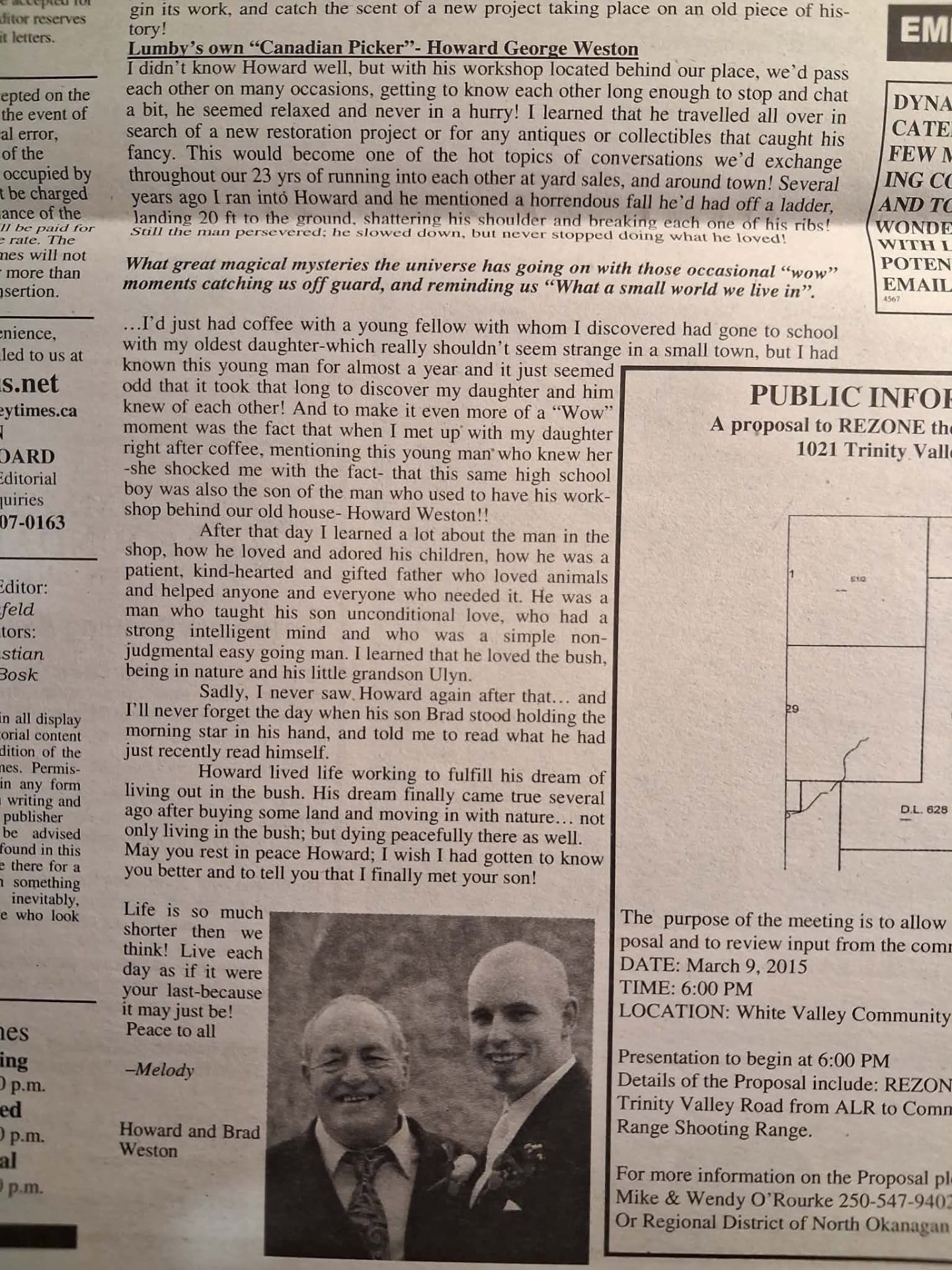 Newspaper article remembering Howard George Weston following his death in February 2015.