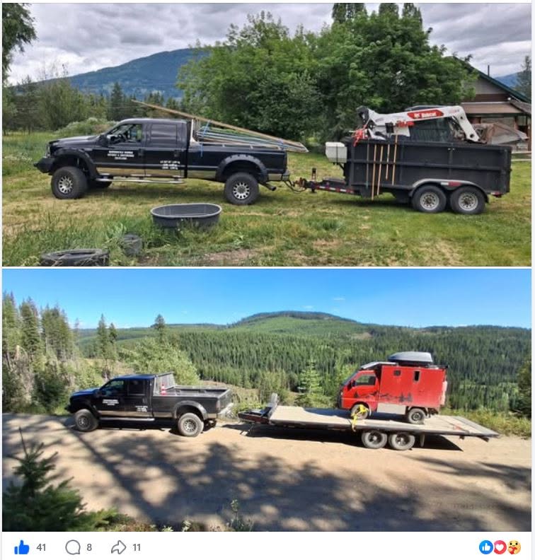 Bradley’s truck and dump trailer loaded with equipment, and the same truck towing a vehicle on a flatdeck trailer.